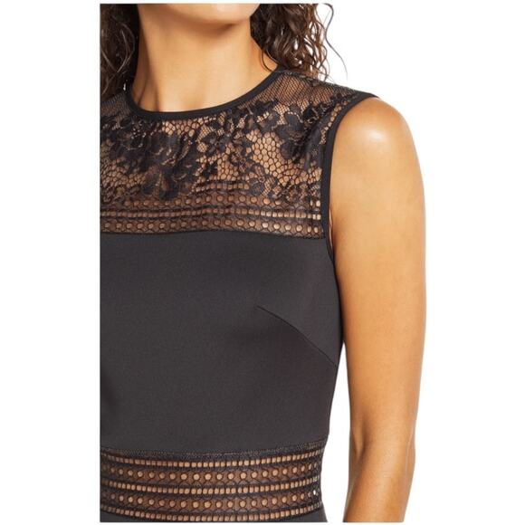 SHO by Tadashi Shoji NWOT Lace Trim Fit & Flare Dress Black Size 10 Semi-Sheer - Picture 3 of 12